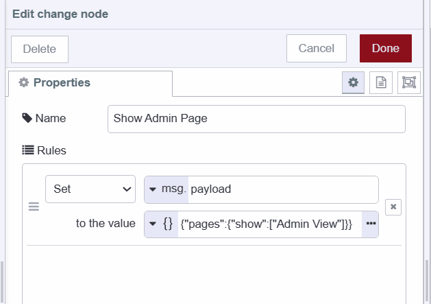 Screenshot displaying the change node which contains payload to show admin page "Screenshot displaying the change node which contains payload to show admin page"
