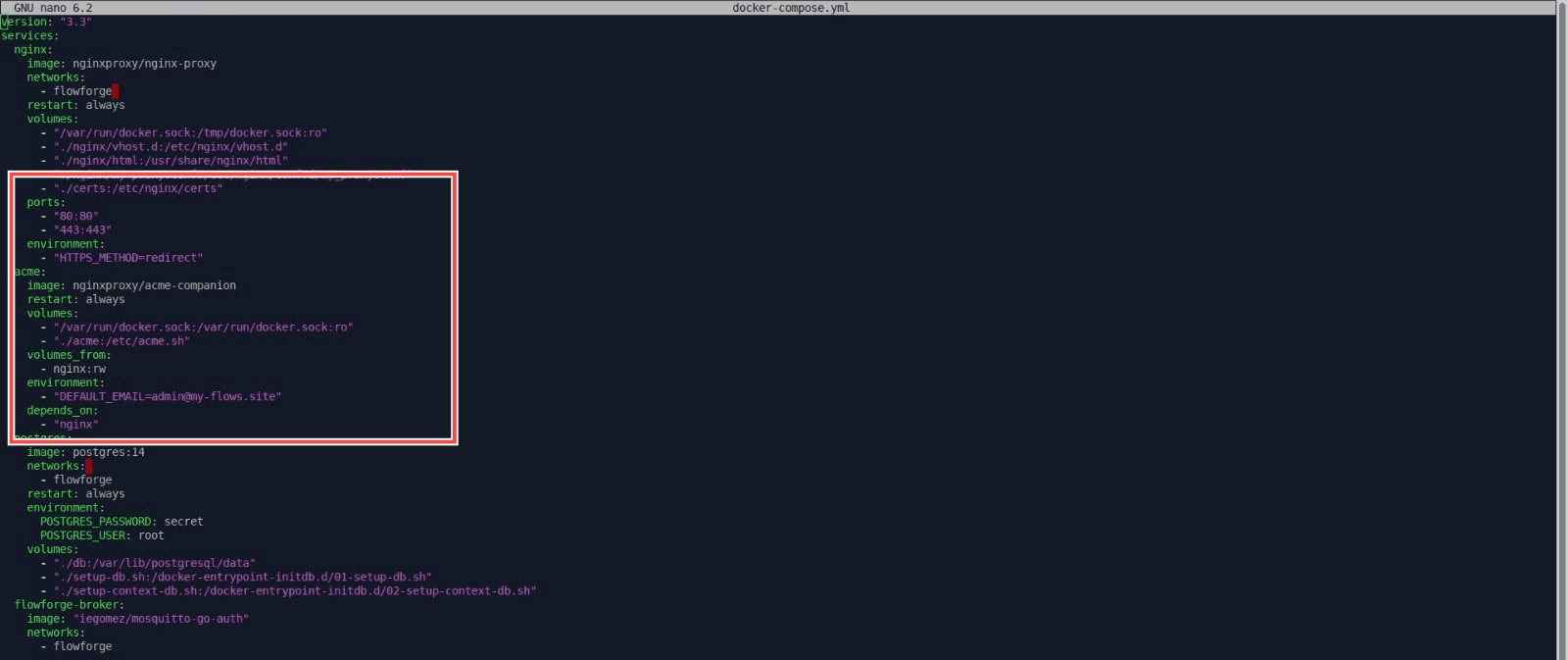 Screenshot the terminal showing the update made in `docker-compose.yml` file for ssl configuration "Screenshot the terminal showing the update made in `docker-compose.yml` file for ssl configuration"
