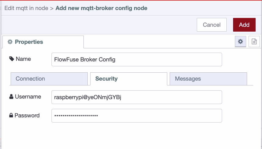 MQTT broker security tab in Node-RED showing username and password fields. MQTT broker security tab in Node-RED showing username and password fields.